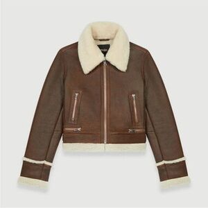 MAJE Brown Leather Jacket with Ivory Shearling Size 36 Small NWOT